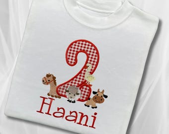 Personalized Farmyard Animals Birthday Shirt: Embroidered Gingham Number