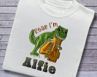 Personalised Embroidered Children's Birthday Top. Embroidered Applique Dinosaur Personalised with Age and Name in a Scaley Font Perfect Gift