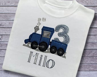 Personalised Embroidered Children's Birthday Top. Cute Applique Embroidered Train Personalised with Age and Name Perfect Birthday Outfit