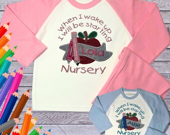 Personalied Embroidered Children's Pyjamas: Starting Nursery School Apple Design