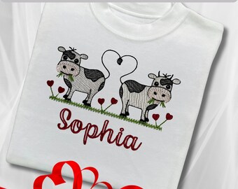 Embroidered Children's Valentine's Shirt. Cow Design Personalised with Child's Name.