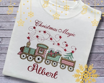 Personalised Embroidered Childrens Christmas Top. Cute Train Design. Choice of Garment