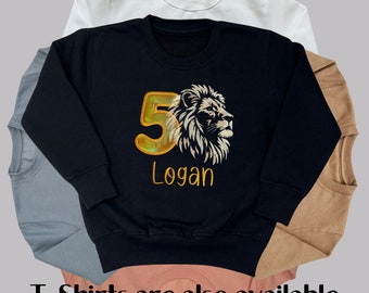 Personalised Embroidered Children's Birthday Top. Magestic Lion's Head, Age in Gold Glitter Vinyl and Child's Name. Perfect for Birthdays