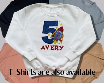 Personalised Embroidered Children's Birthday Top. Cute Applique Embroidered Rocket Personalised with Age and Name Perfect Birthday Outfit