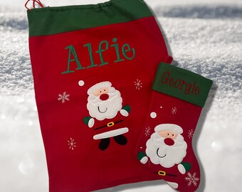 Personalised Embroidered Christmas Stockings and Matching Sacks Available in Red and Silver. Personalised Pet Christmas Stockings.