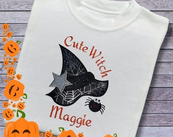 Personalised Embroidered Children's Halloween Top: Witch's Hat Design.