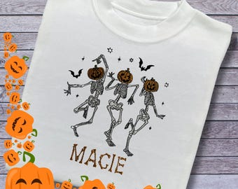 Personalied Embroidered Children's Halloween Top: Dancing Skeletons with Pumpkin Heads