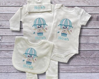 Baby Gift Set. Personalised Embroidered Gift Bundle Hamper. Available With or Without a Beautiful Keepsake Box. Bear in a Balloon Design