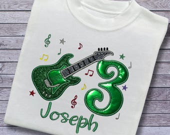 Personalised Embroidered Guitar Birthday Shirt: Glittery Kids Top