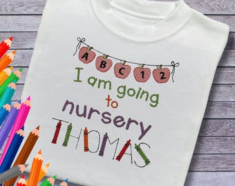 Personalised Embroidered Children's Top: Going to Nursery Crayon Name Design