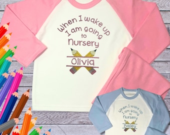 Personalied Embroidered Children's Pyjamas: Going to Nursery School Pencil Design