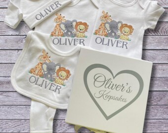 Baby Gift Set. Personalised Embroidered Gift Bundle Hamper. Available With or Without a Beautiful Keepsake Box. Cute Safari Animals Design