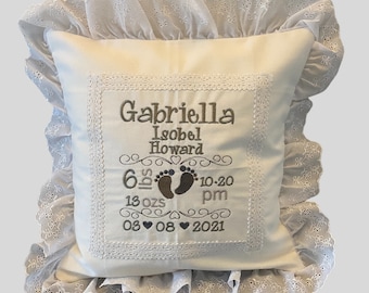 Embroidered Personalised Cushion for New Baby's with Name and Birth Details. Beautiful Keepsake and New Baby Gift.