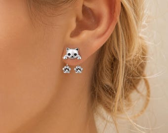Sterling Silver Cat Earrings, Hanging Kitten Paw Studs, Whimsical Animal Jewelry
