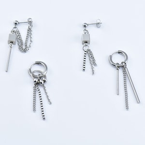 Bar Chain Earrings, Kpop Earrings, Mismatched Earrings, Korean Earrings, Mens Dangle Earring, Mens Small Hoop Earrings, Steel Earrings