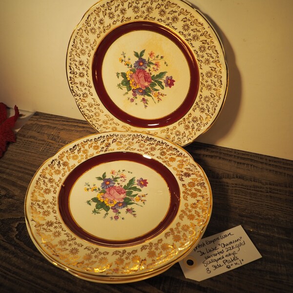 Antique Side Plates Replacements | British Empire Ware Charmian 22k Gold Filigree Banding, Burgundy and Centre Floral Bouquet