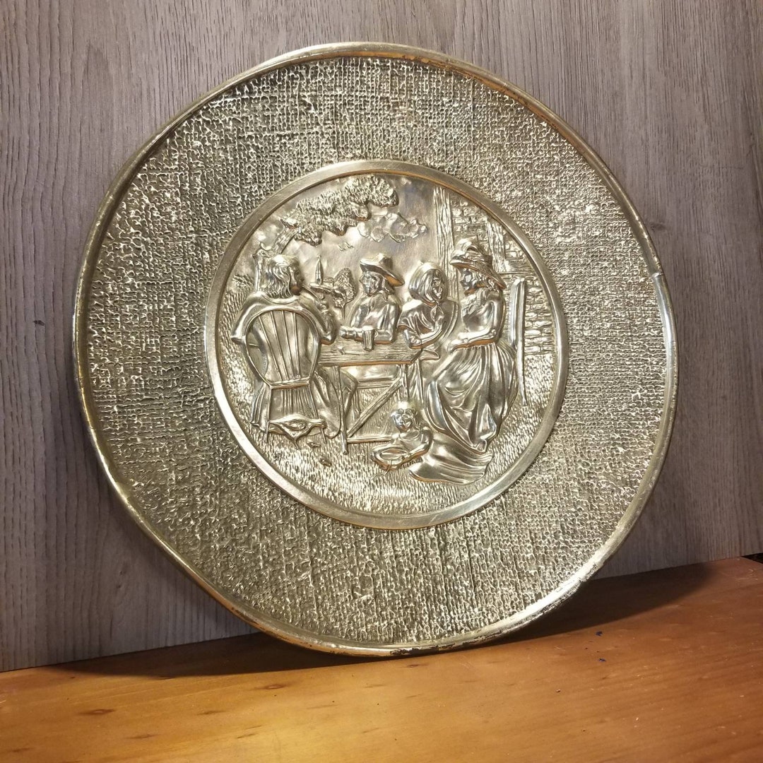 Vintage Brass Plate Wall Hanging With Etched/hammered Victorian Scene