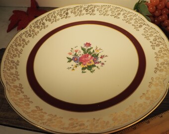 Antique 14" Round Platter or Oval Platter | Bone China British Empire Ware Deluxe Charmian 22k Gold Filigree, Burgundy and Floral Bouquet