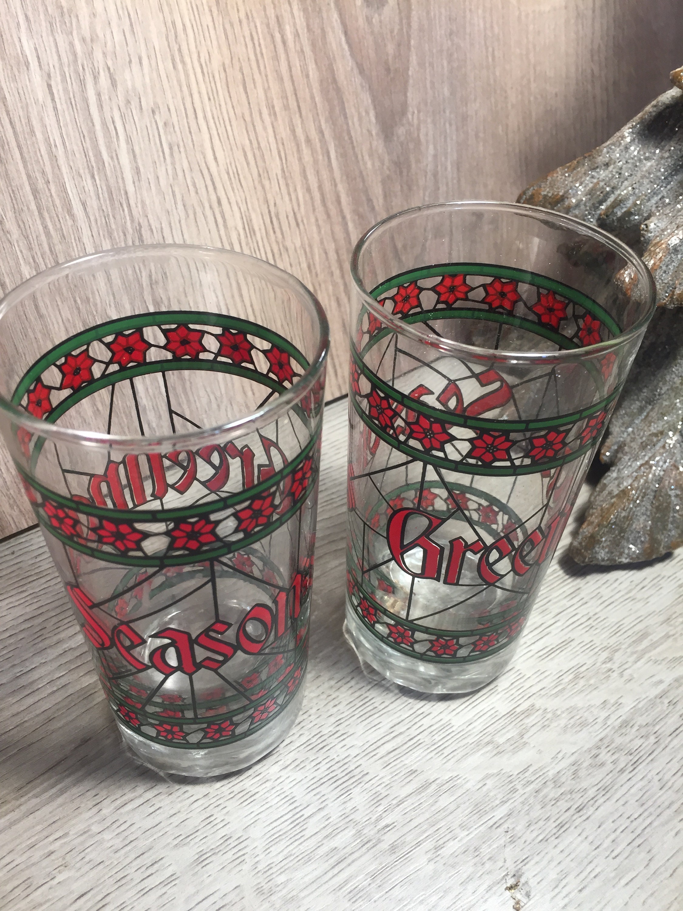 Stained Glass Look Vintage Holiday Glassware Holiday Bar Cart Set of 7 Christmas Holly Wreath Candle Footed Glasses Holiday Barware