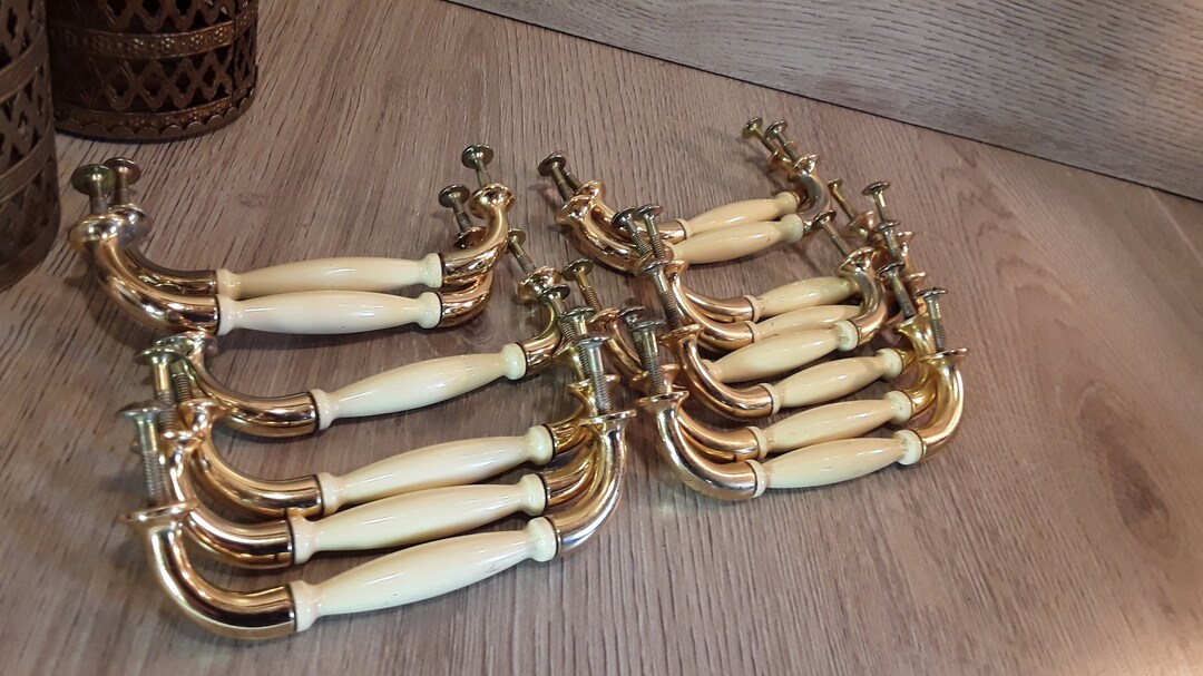 Vintage Drawer Pulls Brass and Ivory White Drawer Handles Etsy
