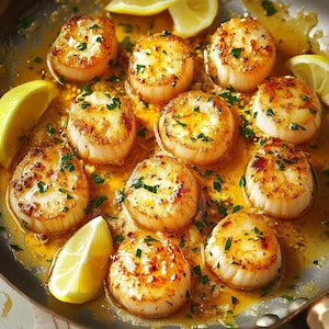 Op de afbeelding: Een close-up van een bord met gebakken coquilles met gesmolten boter en kruiden. De coquilles zijn in een cirkel rond de rand van het bord gerangschikt, met de boter in het midden. De coquilles zijn goudbruin en hebben een knapperige buitenkant.