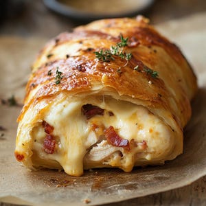May include: A golden brown puff pastry filled with chicken, bacon, and cheese. The pastry is sliced open, revealing the creamy cheese filling.