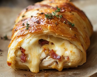 Puede incluir: Una masa de hojaldre dorada rellena de pollo, tocino y queso. La masa está cortada, revelando el relleno cremoso de queso.
