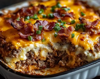 LA MEJOR RECETA de cazuela de pastel de carne con queso / Puré de papas y tocino: una cena reconfortante / Descarga digital instantánea en PDF