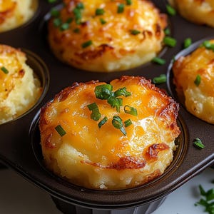 May include: Close-up of a tray of individual cheesy potato casserole cups topped with chives. The casserole is golden brown and bubbly.