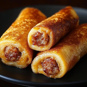 May include: Three golden brown, crispy, fried sausage rolls on a black plate. The sausage rolls are filled with a savoury meat mixture.
