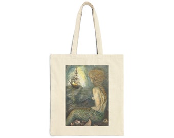Sac fourre-tout en toile de coton sirène, fourre-tout pour les amoureux des livres, sac fourre-tout esthétique, cadeau pour les amoureux des sirènes
