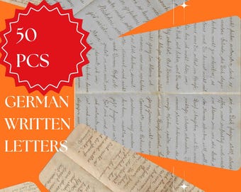 May include: A collection of 50 pieces of vintage-style stationery featuring aged, off-white paper with handwritten German cursive script in dark ink. The letters show visible fold lines and a weathered texture, presented with a red starburst graphic.