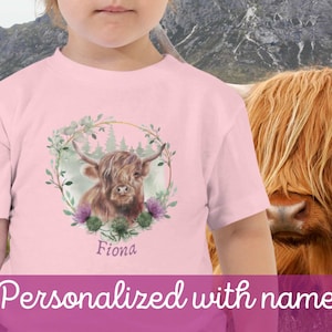 Toddler Highland Cow Scottish shirt, Personalized toddler shirt, baby onesie, child size, women&#39;s size, Scotland gift, Scottish Thistle