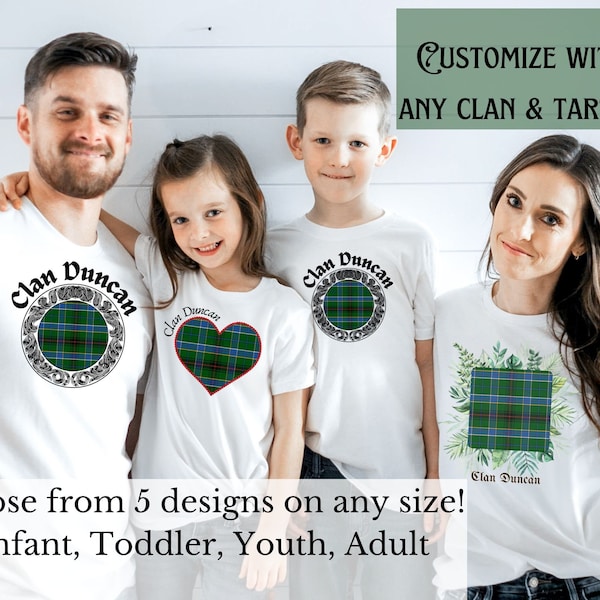 Camisa escocesa de clan y tartán, personalizada para cualquier clan y tartán, familia, camisa de bebé, niño pequeño, niño, niña, mujer, unisex, clan Duncan