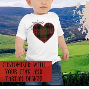 Personalized Scottish Clan and Tartan Toddler and Child, Scottish Gift, Custom Clan and Tartan Toddler Gift, Child&#39;s Tartan Shirt, Scotland
