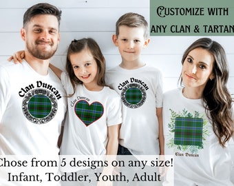 Scottish Clan & Tartan Shirt, Customized for any clan and tartan, family, baby shirt, toddler, boy&#39;s, girl&#39;s men, women, unisex, clan Duncan