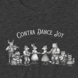 May include: A dark charcoal grey t-shirt featuring a white graphic illustration of various woodland animals playing musical instruments and dancing in a circle. The text "CONTRA DANCE JOY" is printed in a white arched font above the animal group.