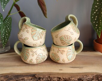 Monstera Mug, Pothos Mug, Handmade Ceramic Leaf Mug, Handmade Stoneware Mug, a Botanical Charm for Plant Lovers!