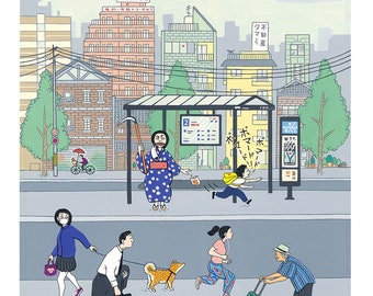 Puede incluir: Una ilustración colorida de una escena de calle de la ciudad con personas caminando, una parada de autobús y edificios en el fondo. La ilustración está en un estilo de dibujos animados y presenta una variedad de colores, incluyendo azul, verde, amarillo y rojo.