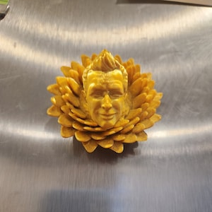 May include: A gold 3D printed sculpture of a man's face with a spiky hairstyle, surrounded by a flower-like design.
