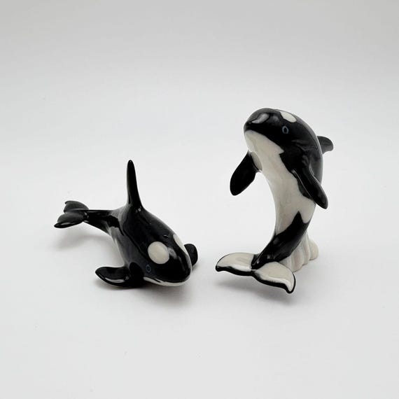 Miniature Killer Whale Figurines Set of 2, Hand Painted Ceramic