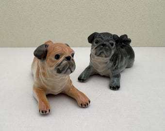 Ceramic Pug Figurine – Hand Painted Dog Miniature, Fawn or Black Puppy Collectible