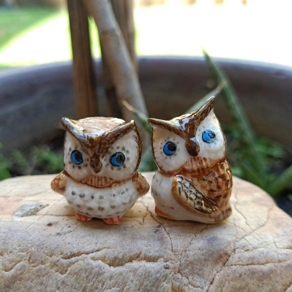 2 Brown Owl Bird Ceramic Figurine Animal Statue