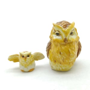 Set of 2 Owl Bird Ceramic Figurine Animal Miniature Mama With Baby Statue, Gift for Owl and Bird Lovers, Home Decor Enthusiasts