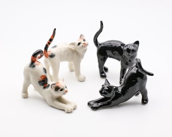 Hand-Painted Ceramic Cat Figurine Pair: Stretching Black & Calico Cats