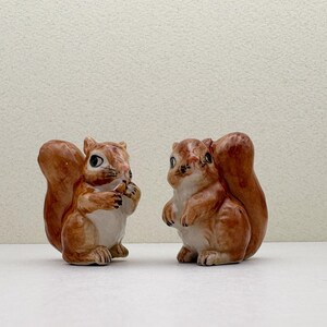 Peut inclure: Deux figurines de l'&eacute;cureuil en c&eacute;ramique. Un &eacute;cureuil tient une noix. Les &eacute;cureuils sont bruns et blancs avec des d&eacute;tails. Ils ont de grandes queues touffues et sont pos&eacute;s sur une surface blanche.