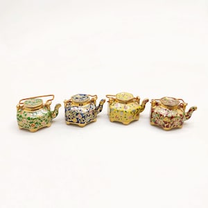 Ceramic Porcelain Miniature Chinese Teapot with Copper Handle, Benjarong patterns Golden Dots, Dollhouse Decoration, Gift for Teapot Lovers