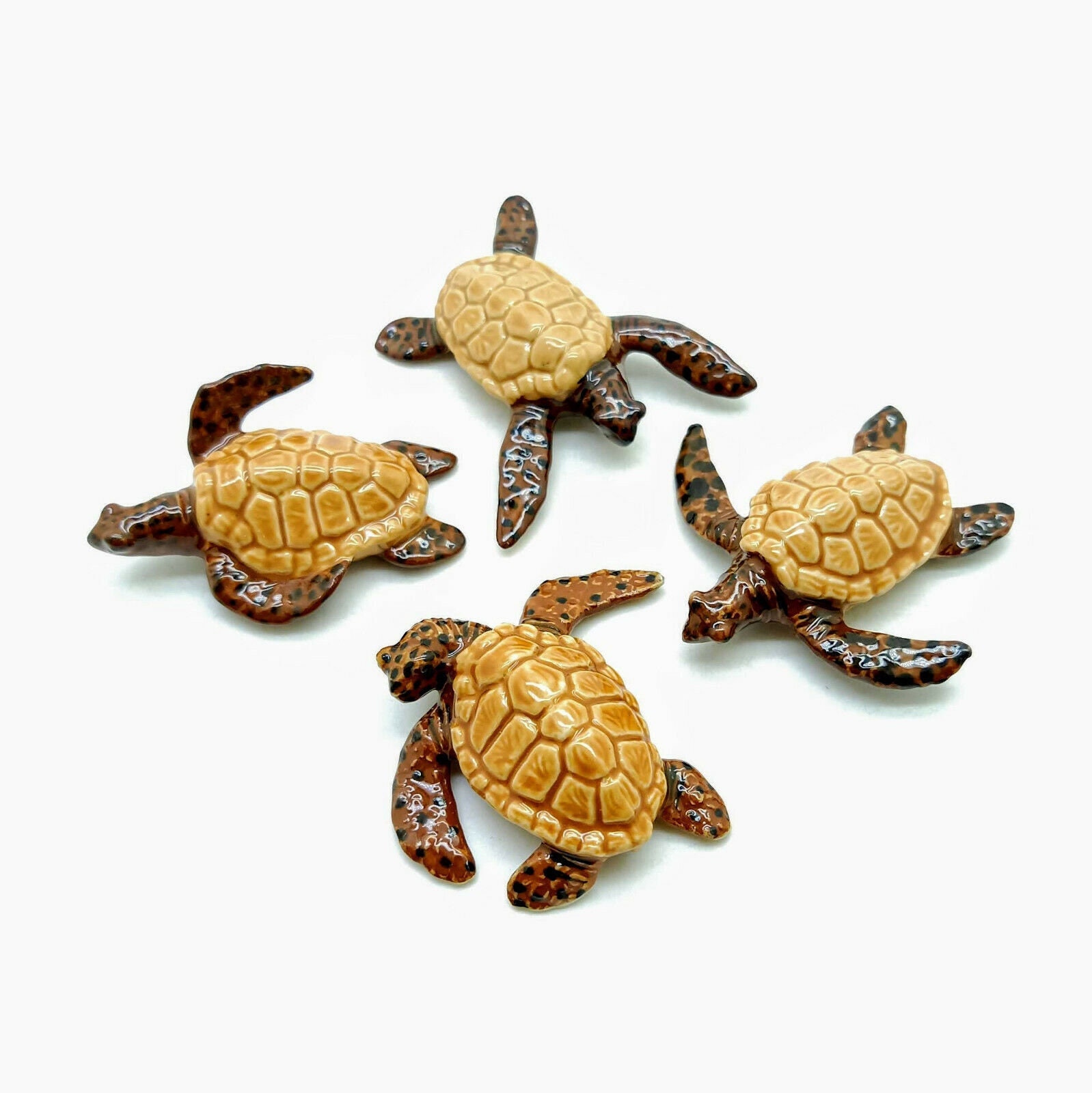 Set of 4 Sea Turtle Ceramic Figurine Animal Brown Statue