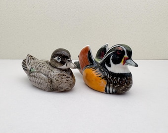 Ceramic Wood Duck Figurines: Hand-Painted Farmhouse Decor (Set of 2)