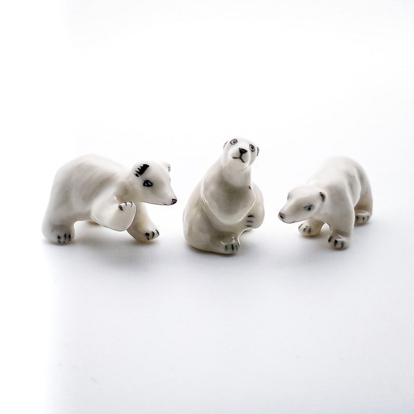 Adorable Set of 3 Ceramic Tiny Mini White Polar Bear Figurines for Home Decor or Gift, Gift for Wild Animal Lovers, Wild Life Animal